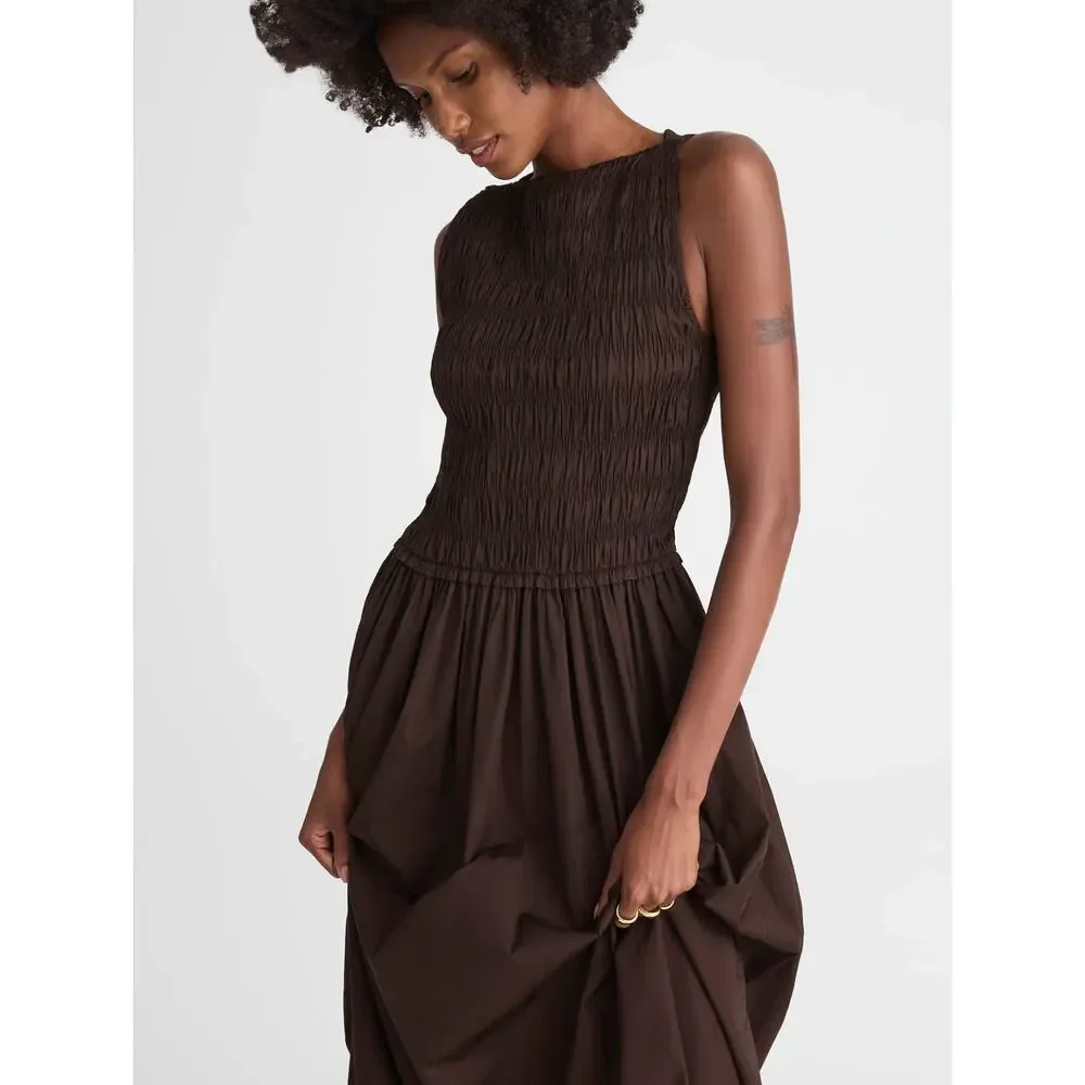 Madewell The Melody Smocked Midi Dress Cotton Molasses Brown A Line Small NWT - Picture 5 of 14